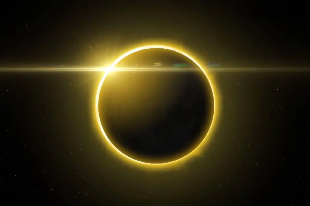 La corona solar brillando alrededor del disco negro de la Luna durante la totalidad