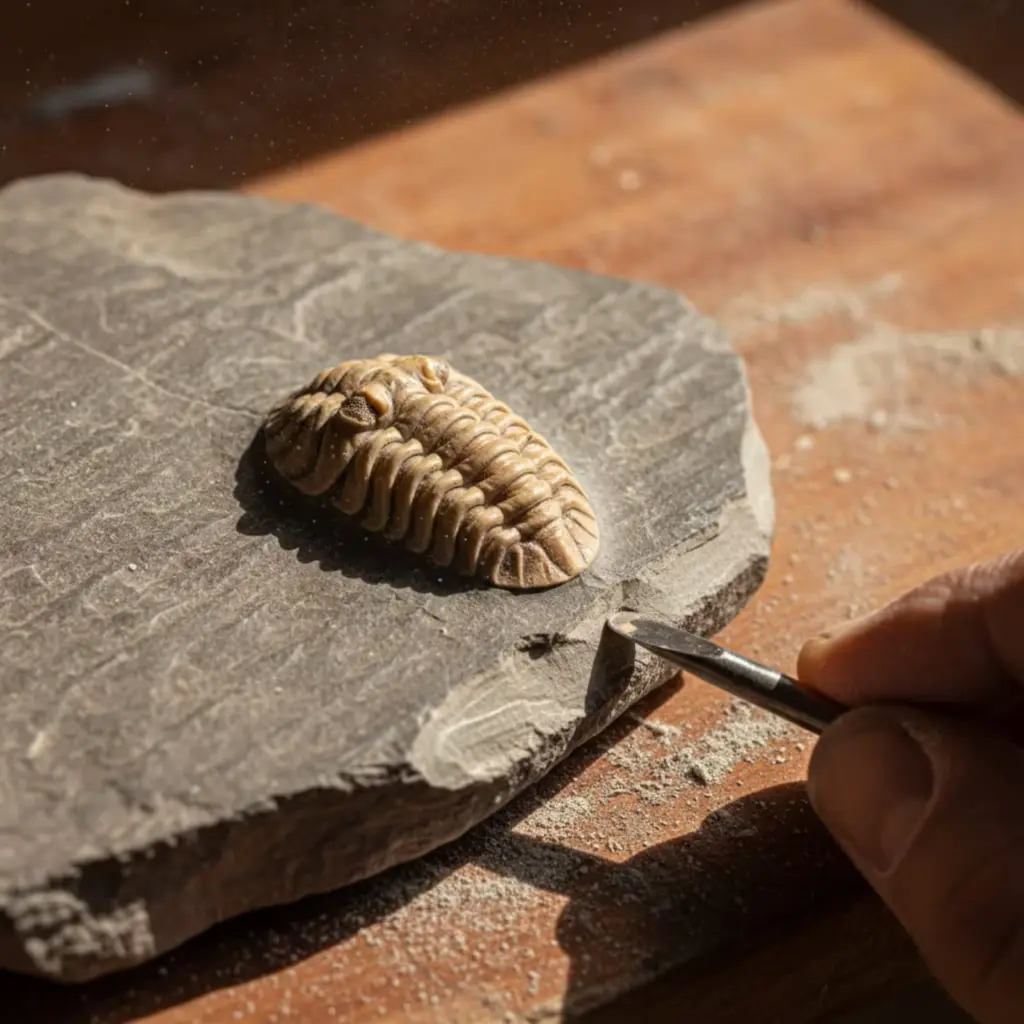 Fósiles en Marruecos: un trilobite liberado de la roca con una herramienta fina