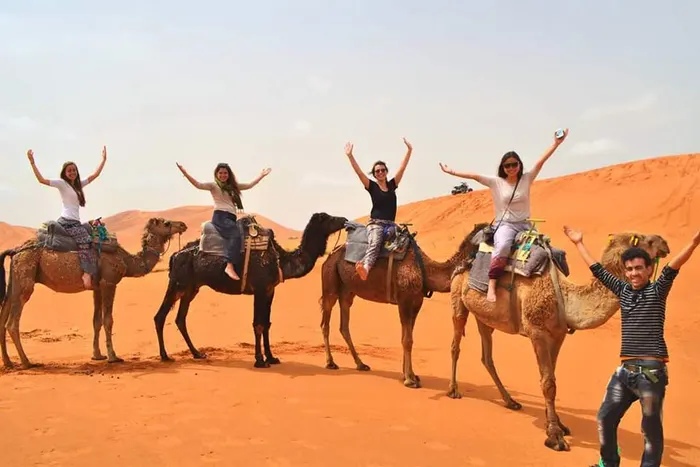 Grupo de amigos en camello en las dunas de Merzouga
